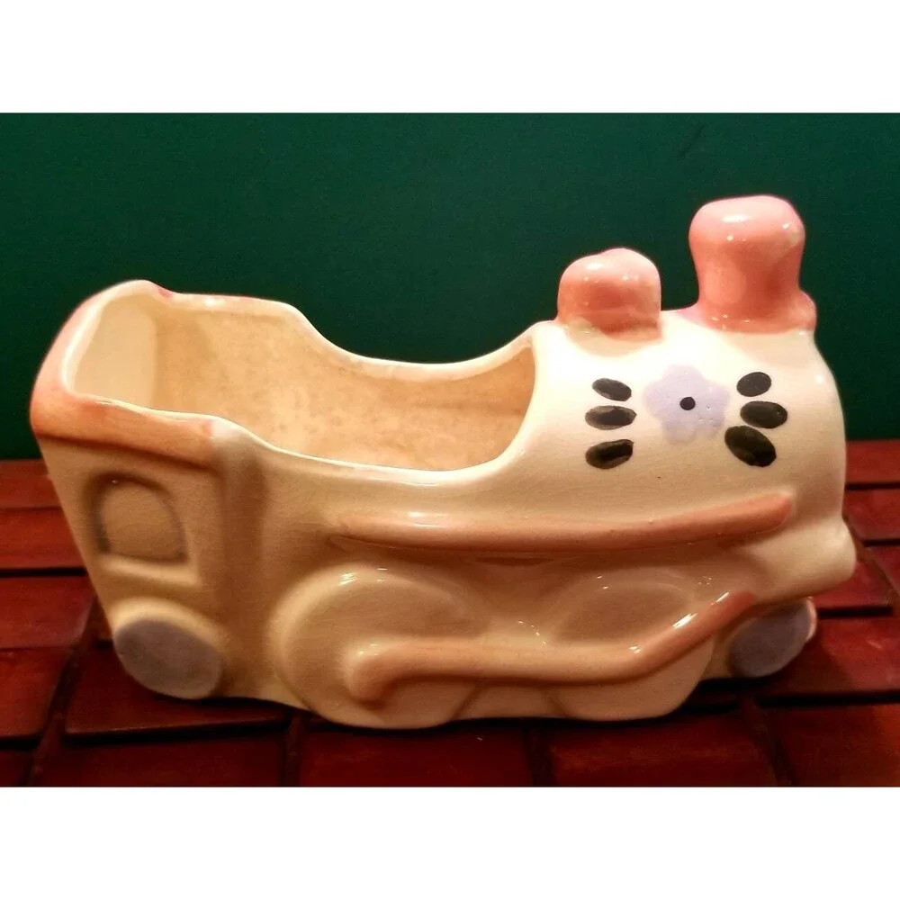 Vintage Ceramic Train Vase Planter Hand-Painted 7